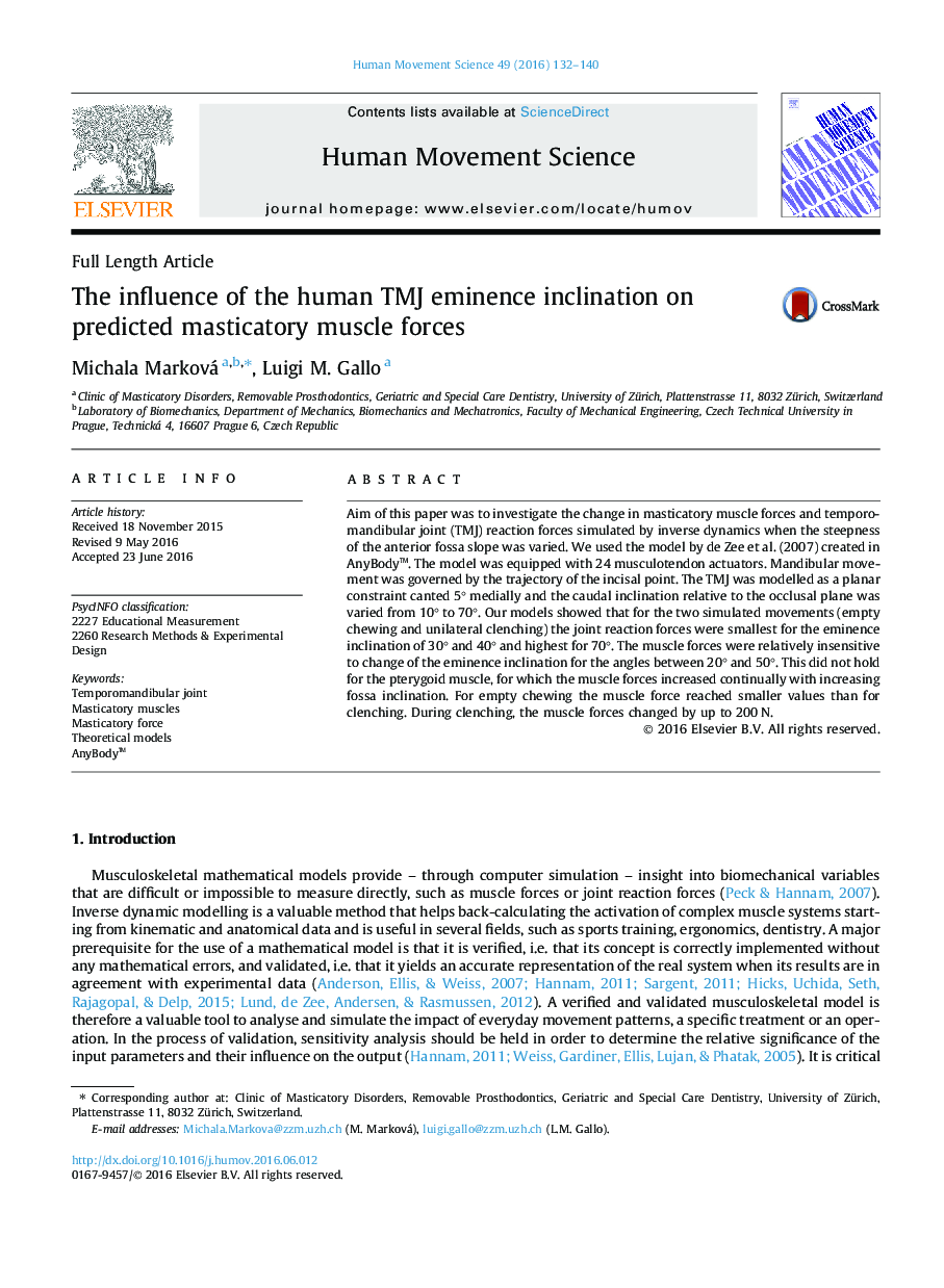 The influence of the human TMJ eminence inclination on predicted masticatory muscle forces