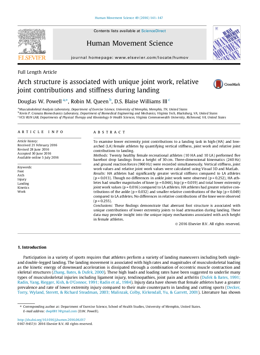 Arch structure is associated with unique joint work, relative joint contributions and stiffness during landing