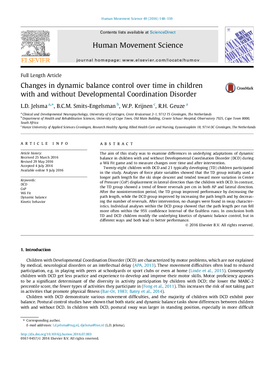 Changes in dynamic balance control over time in children with and without Developmental Coordination Disorder