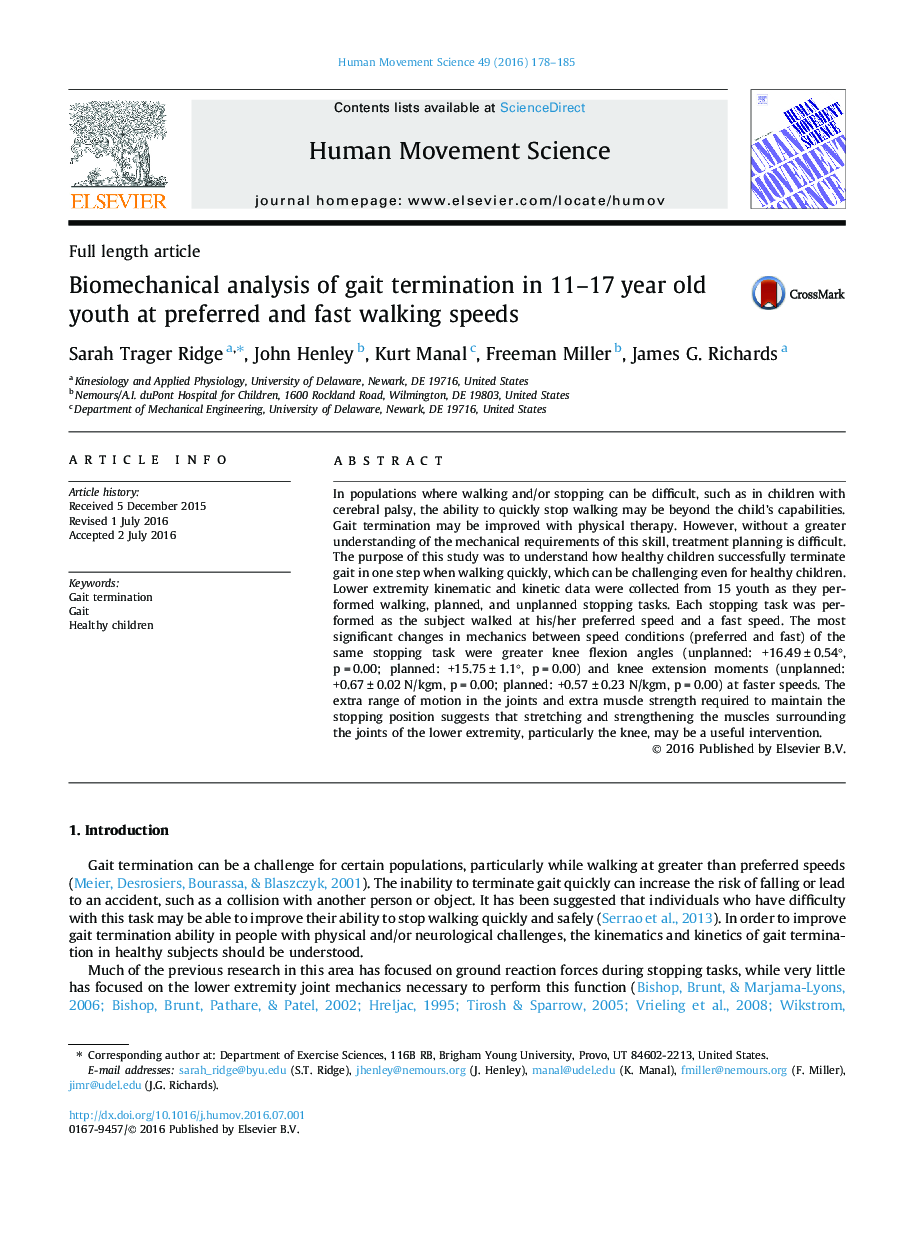 Biomechanical analysis of gait termination in 11-17Â year old youth at preferred and fast walking speeds