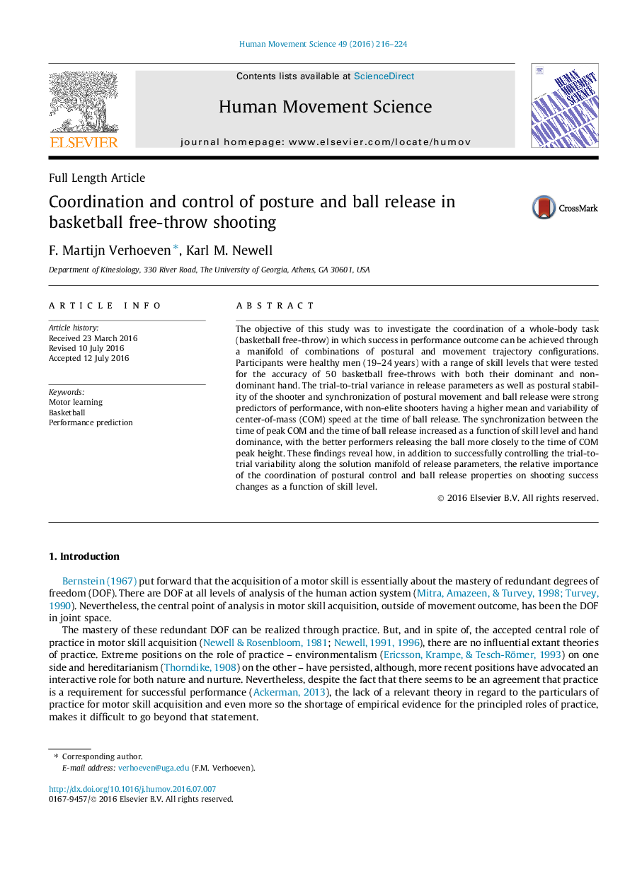 Coordination and control of posture and ball release in basketball free-throw shooting