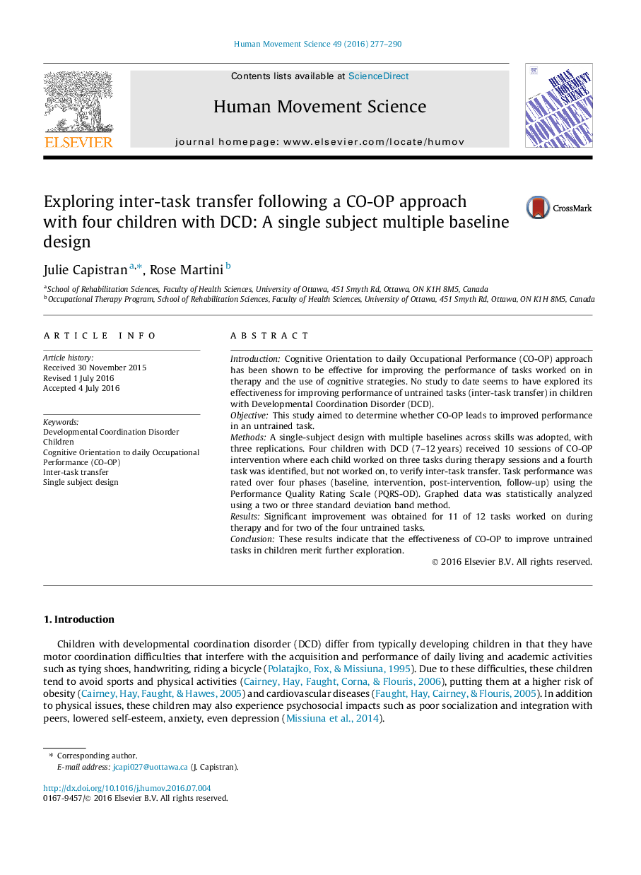 Exploring inter-task transfer following a CO-OP approach with four children with DCD: A single subject multiple baseline design