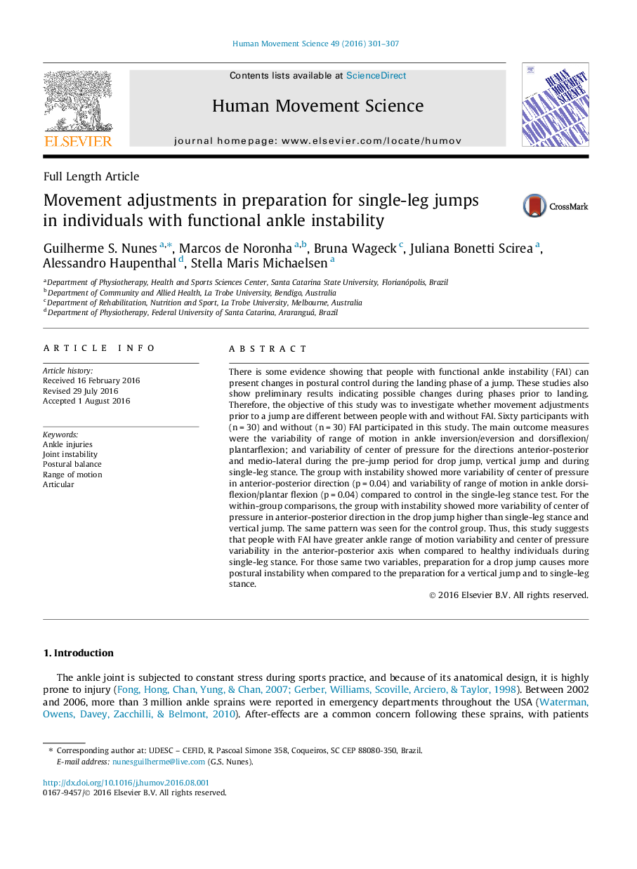 Movement adjustments in preparation for single-leg jumps in individuals with functional ankle instability