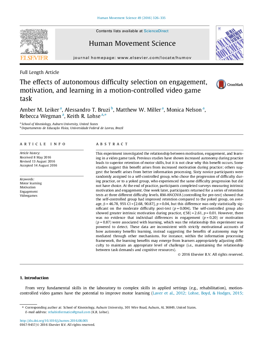 The effects of autonomous difficulty selection on engagement, motivation, and learning in a motion-controlled video game task