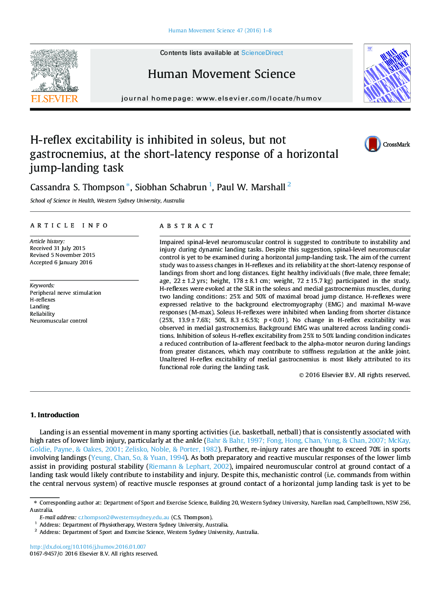 H-reflex excitability is inhibited in soleus, but not gastrocnemius, at the short-latency response of a horizontal jump-landing task