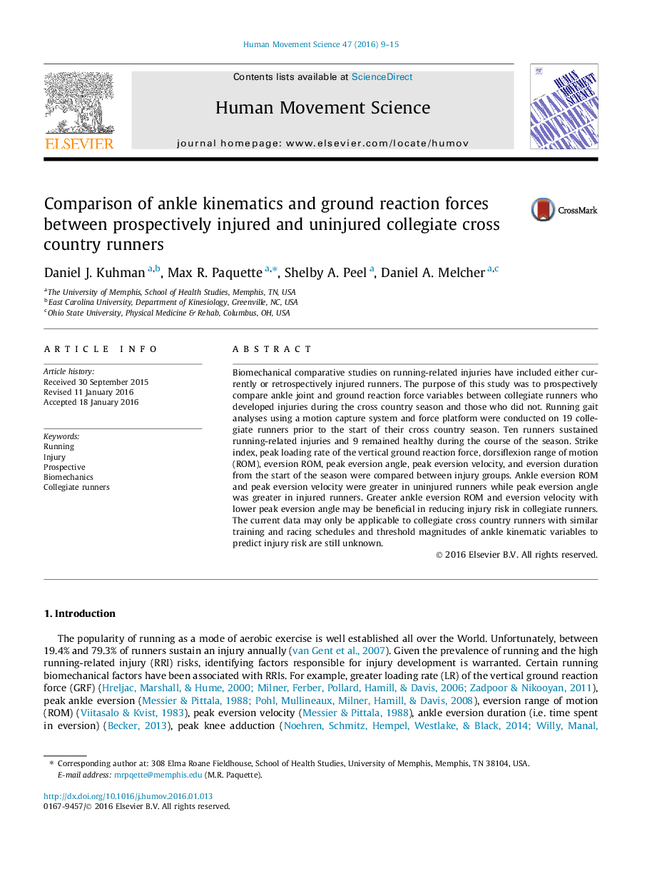 Comparison of ankle kinematics and ground reaction forces between prospectively injured and uninjured collegiate cross country runners