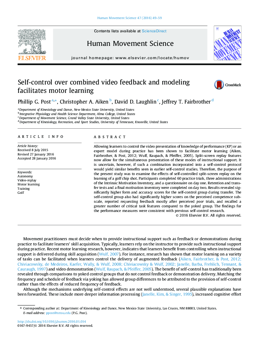 Self-control over combined video feedback and modeling facilitates motor learning