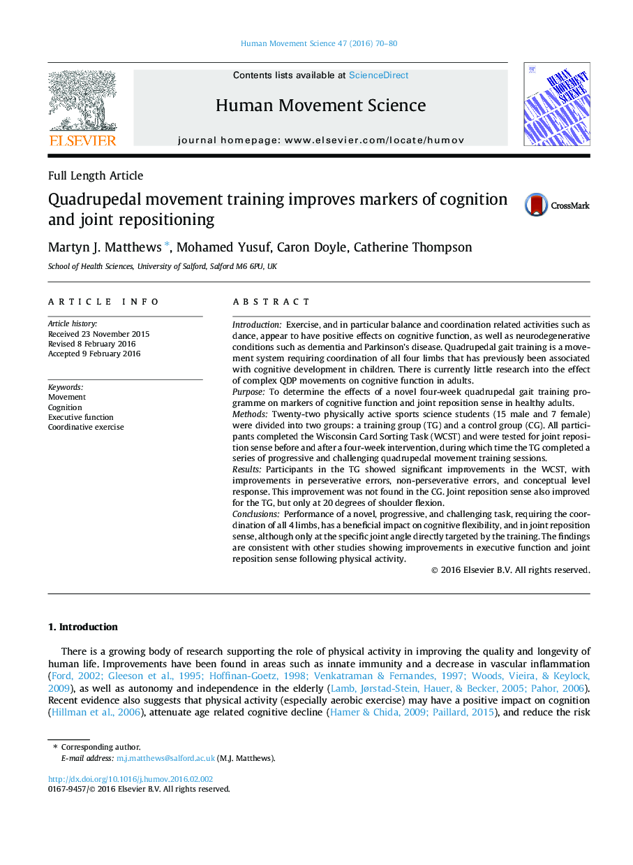 Quadrupedal movement training improves markers of cognition and joint repositioning