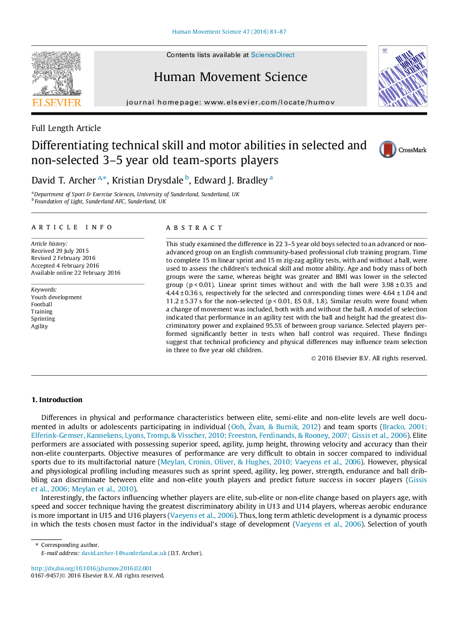 Differentiating technical skill and motor abilities in selected and non-selected 3-5Â year old team-sports players