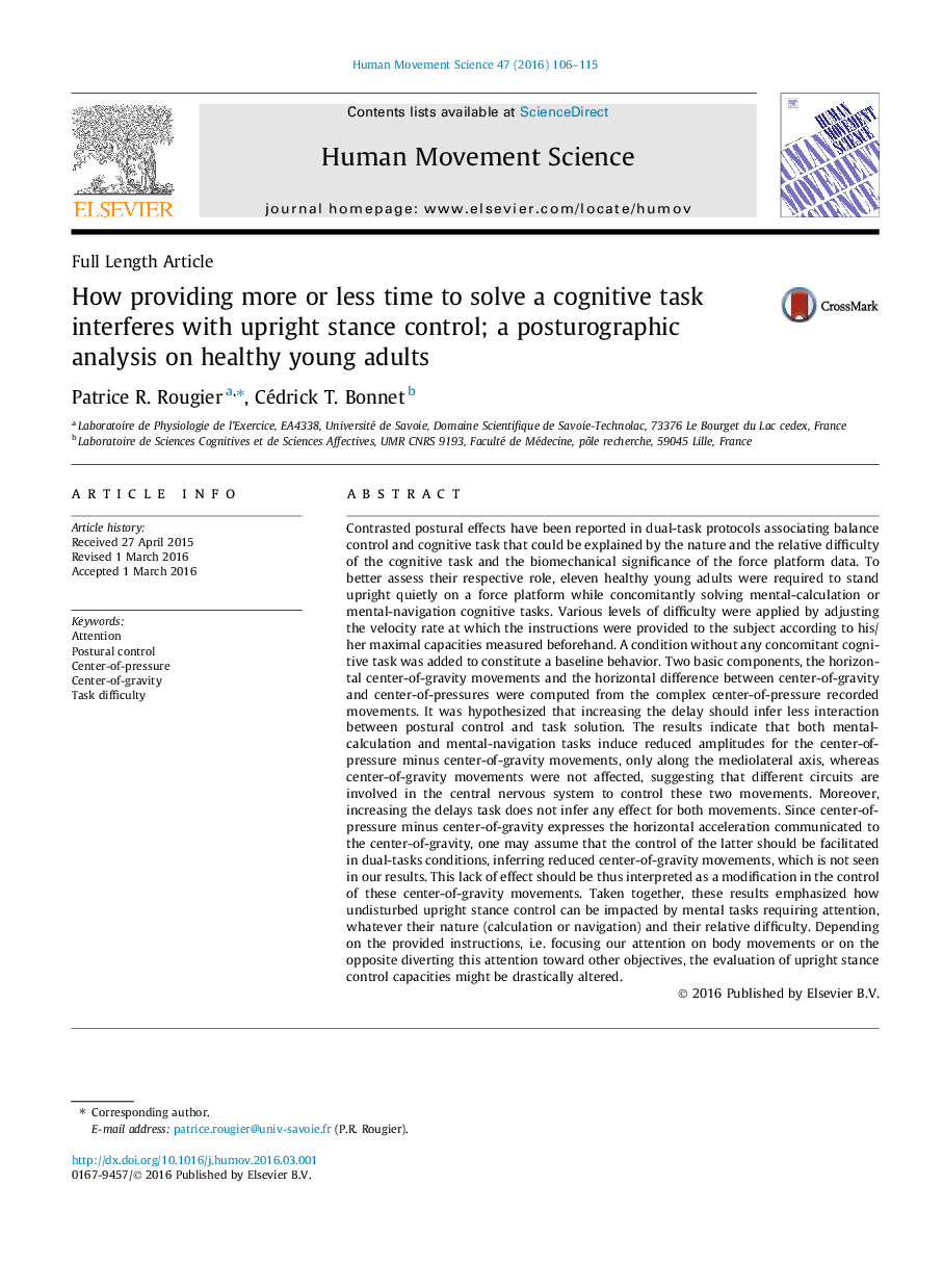 How providing more or less time to solve a cognitive task interferes with upright stance control; a posturographic analysis on healthy young adults