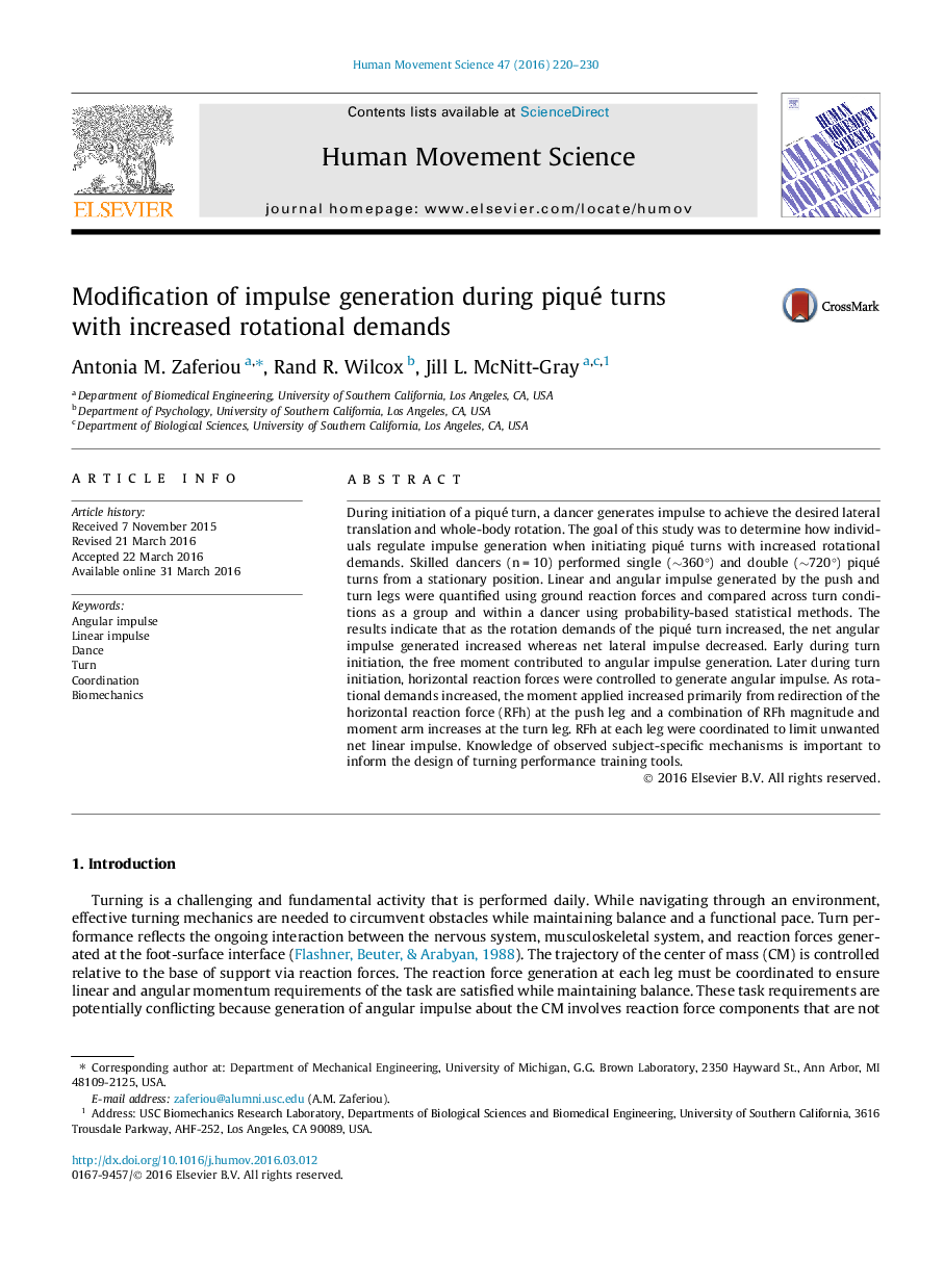 Modification of impulse generation during piqué turns with increased rotational demands