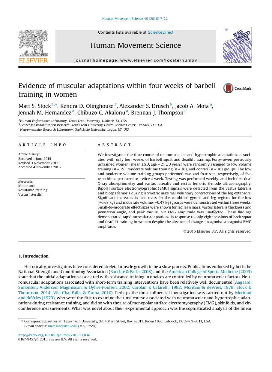 Evidence of muscular adaptations within four weeks of barbell training in women