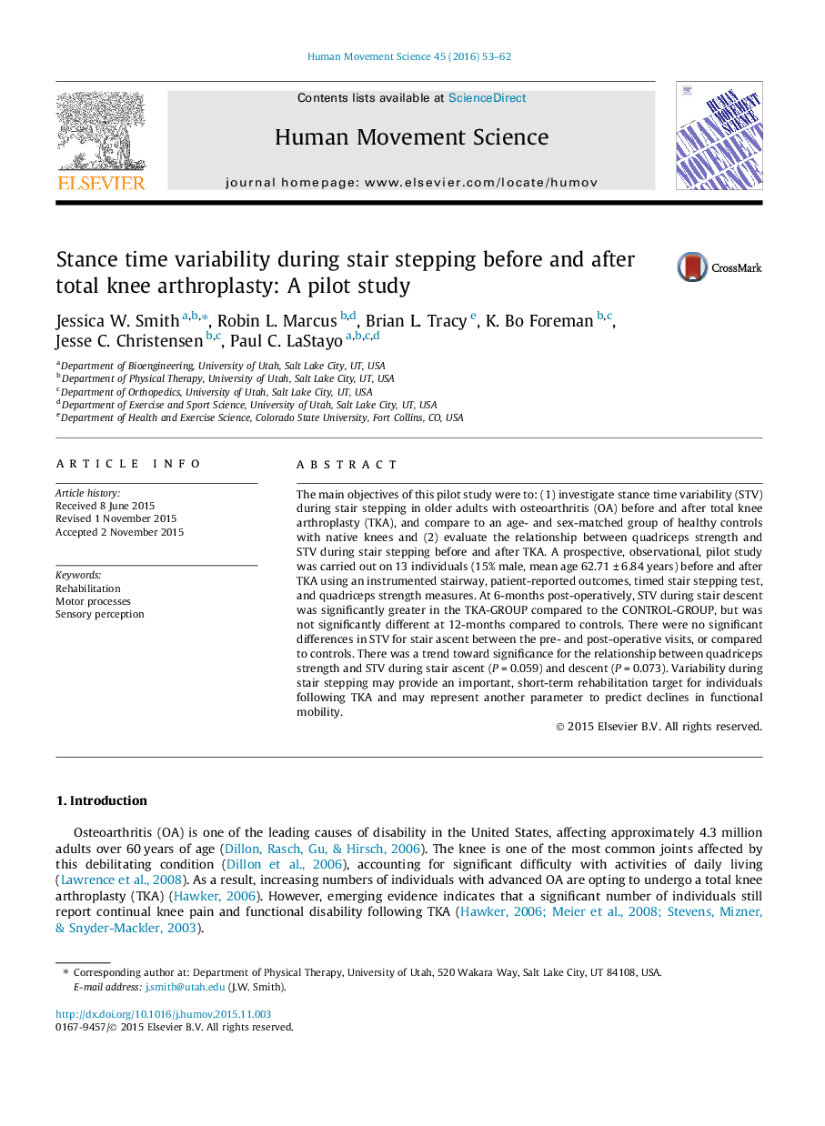 Stance time variability during stair stepping before and after total knee arthroplasty: A pilot study