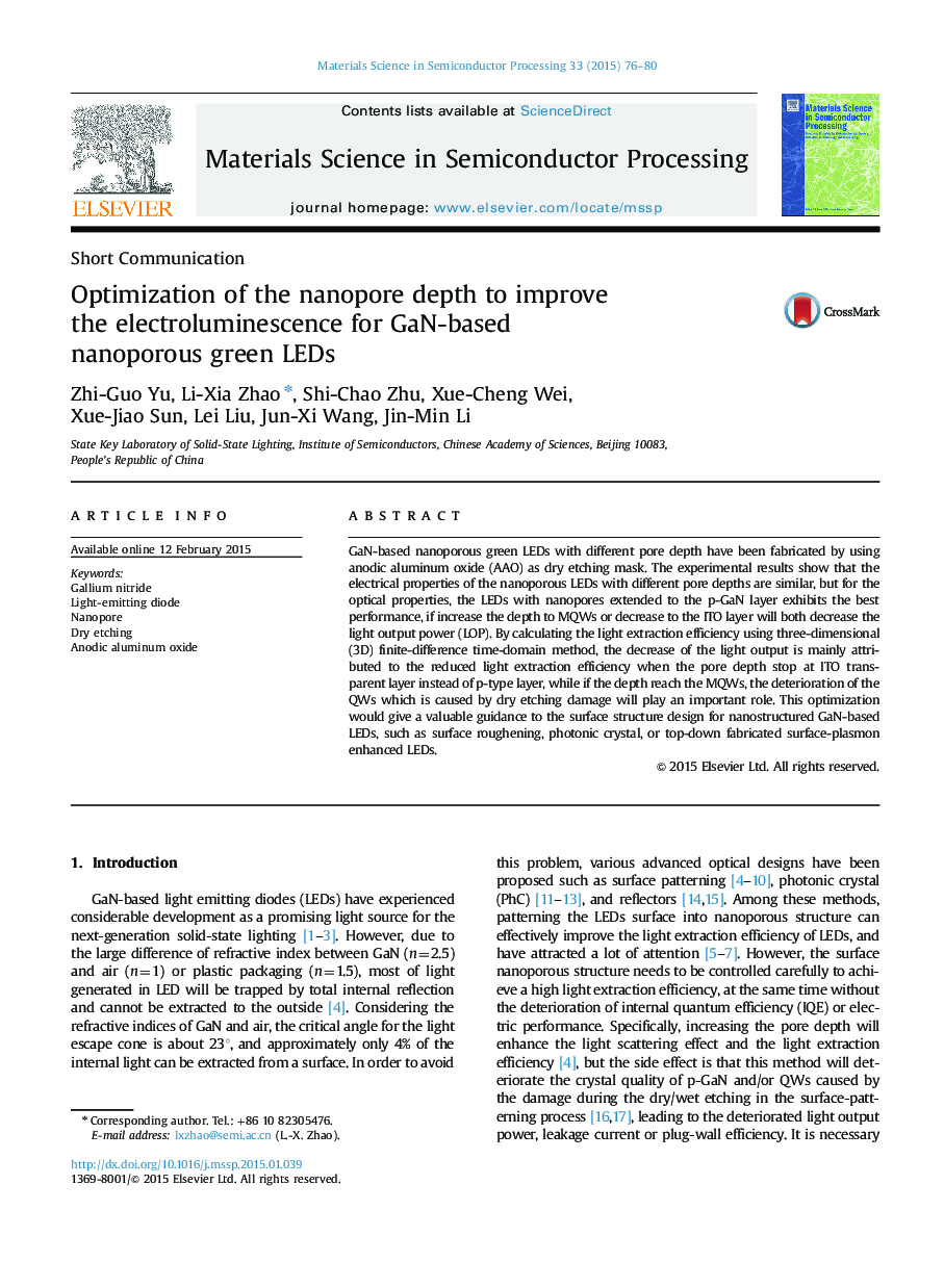 Optimization of the nanopore depth to improve the electroluminescence for GaN-based nanoporous green LEDs