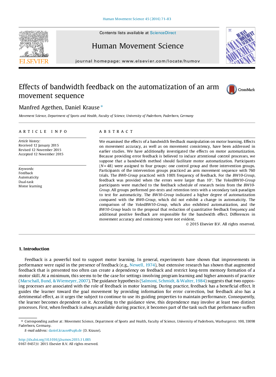 Effects of bandwidth feedback on the automatization of an arm movement sequence