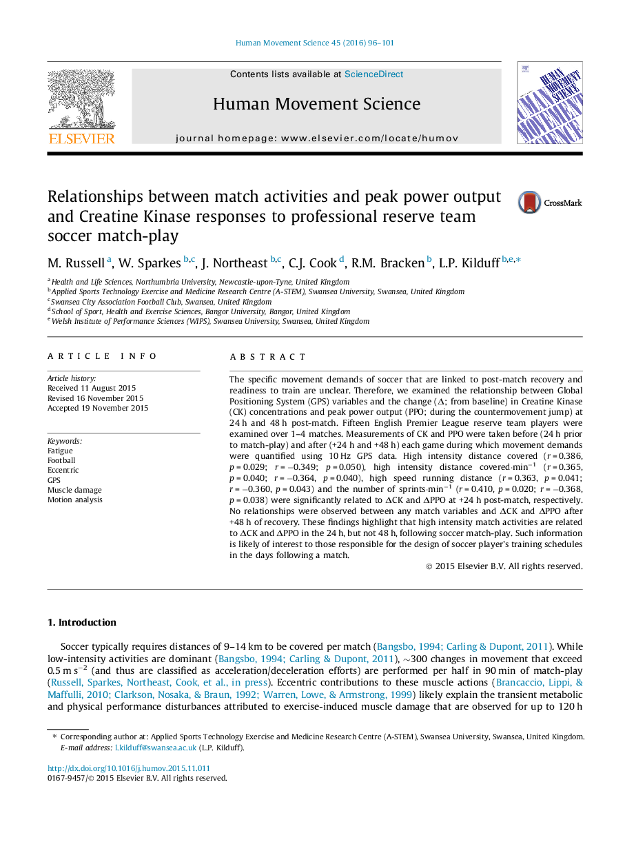 Relationships between match activities and peak power output and Creatine Kinase responses to professional reserve team soccer match-play