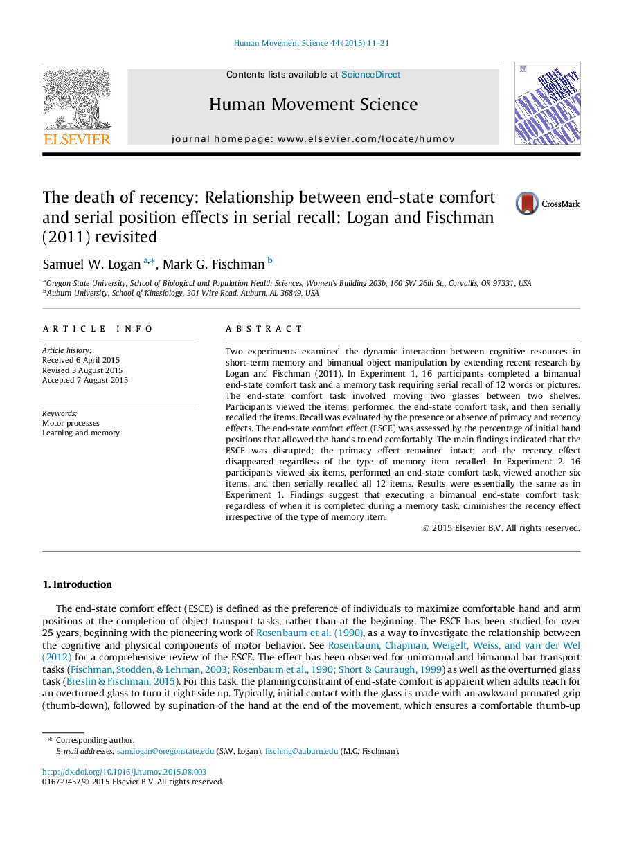 The death of recency: Relationship between end-state comfort and serial position effects in serial recall: Logan and Fischman (2011) revisited