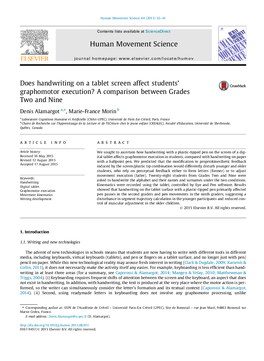 Does handwriting on a tablet screen affect students' graphomotor execution? A comparison between Grades Two and Nine