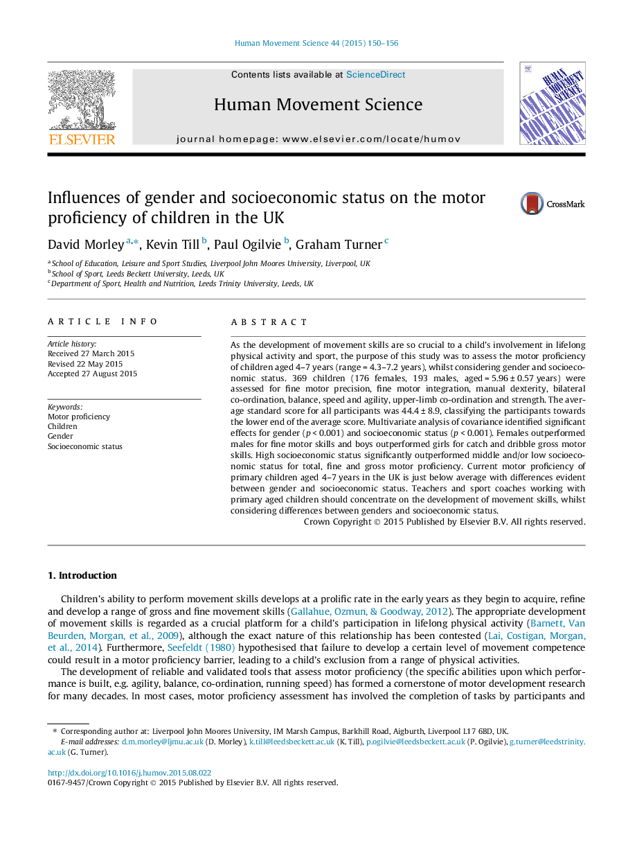 Influences of gender and socioeconomic status on the motor proficiency of children in the UK