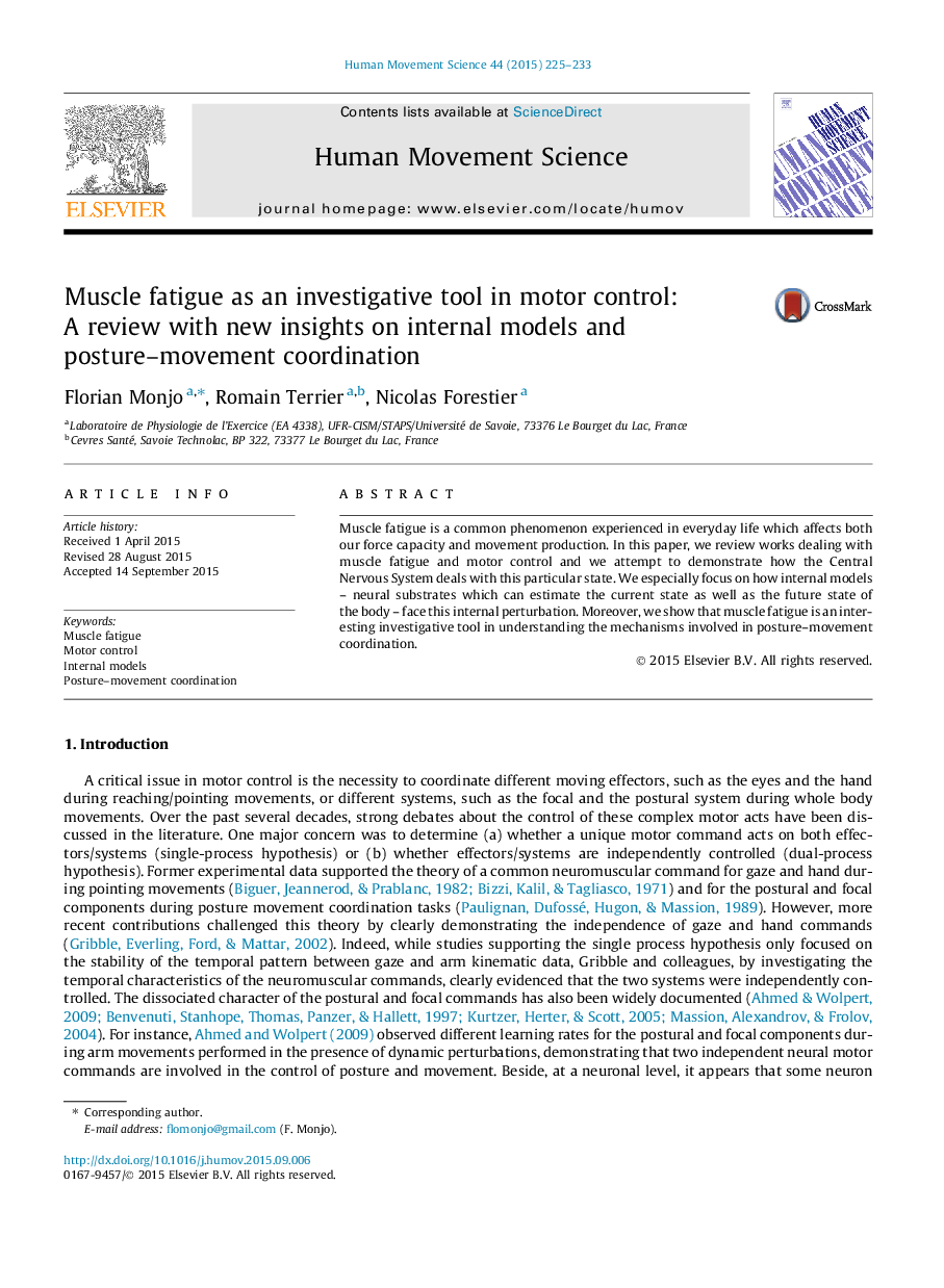 Muscle fatigue as an investigative tool in motor control: A review with new insights on internal models and posture-movement coordination