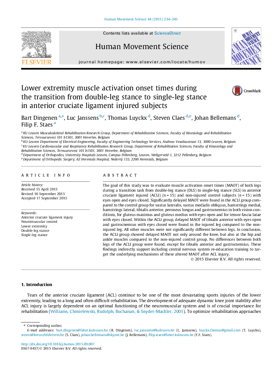 Lower extremity muscle activation onset times during the transition from double-leg stance to single-leg stance in anterior cruciate ligament injured subjects