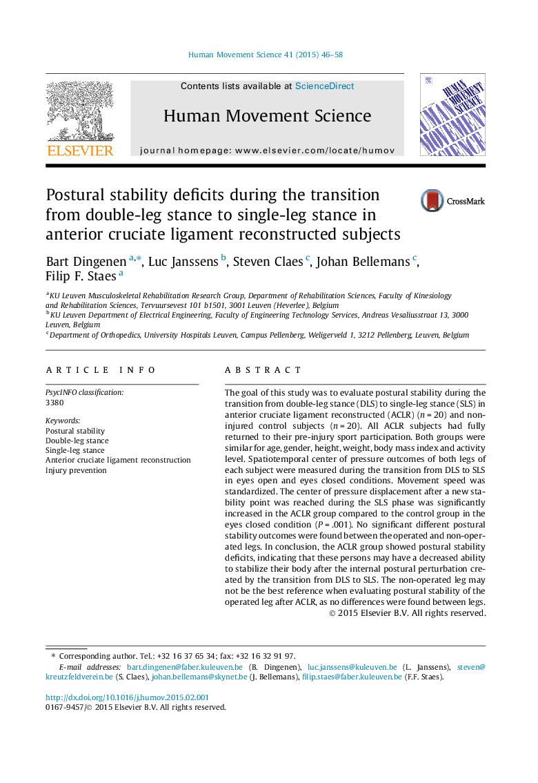 Postural stability deficits during the transition from double-leg stance to single-leg stance in anterior cruciate ligament reconstructed subjects