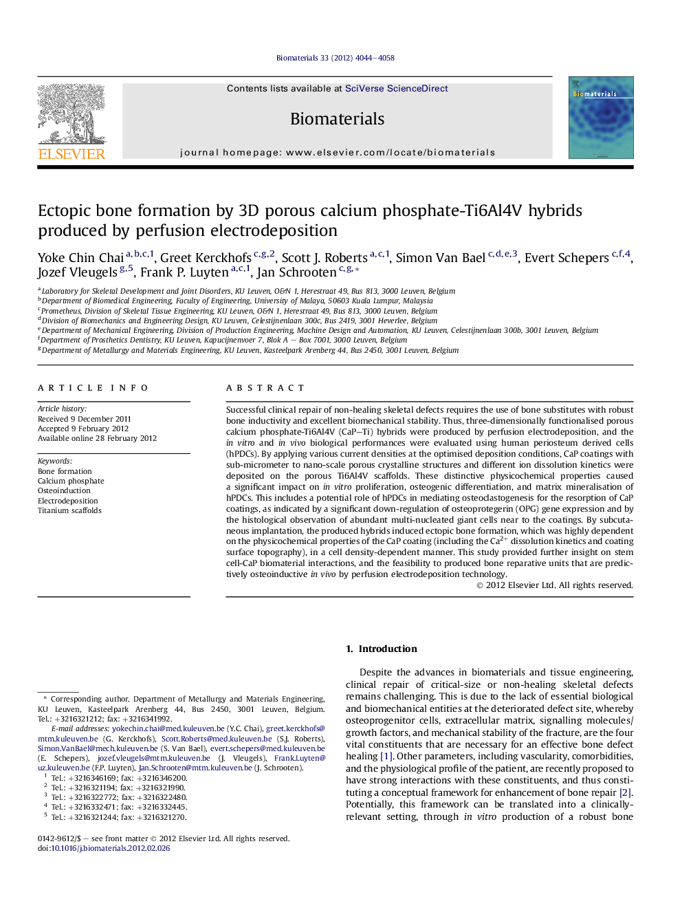 Ectopic bone formation by 3D porous calcium phosphate-Ti6Al4V hybrids produced by perfusion electrodeposition