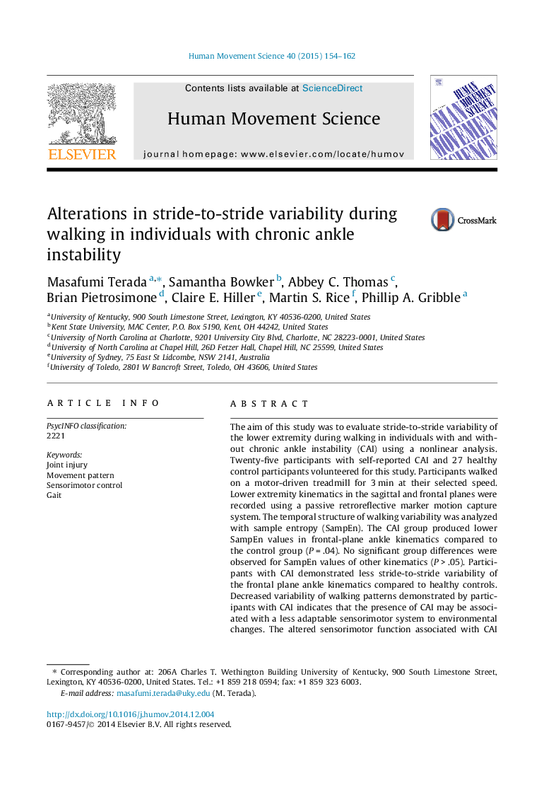 Alterations in stride-to-stride variability during walking in individuals with chronic ankle instability