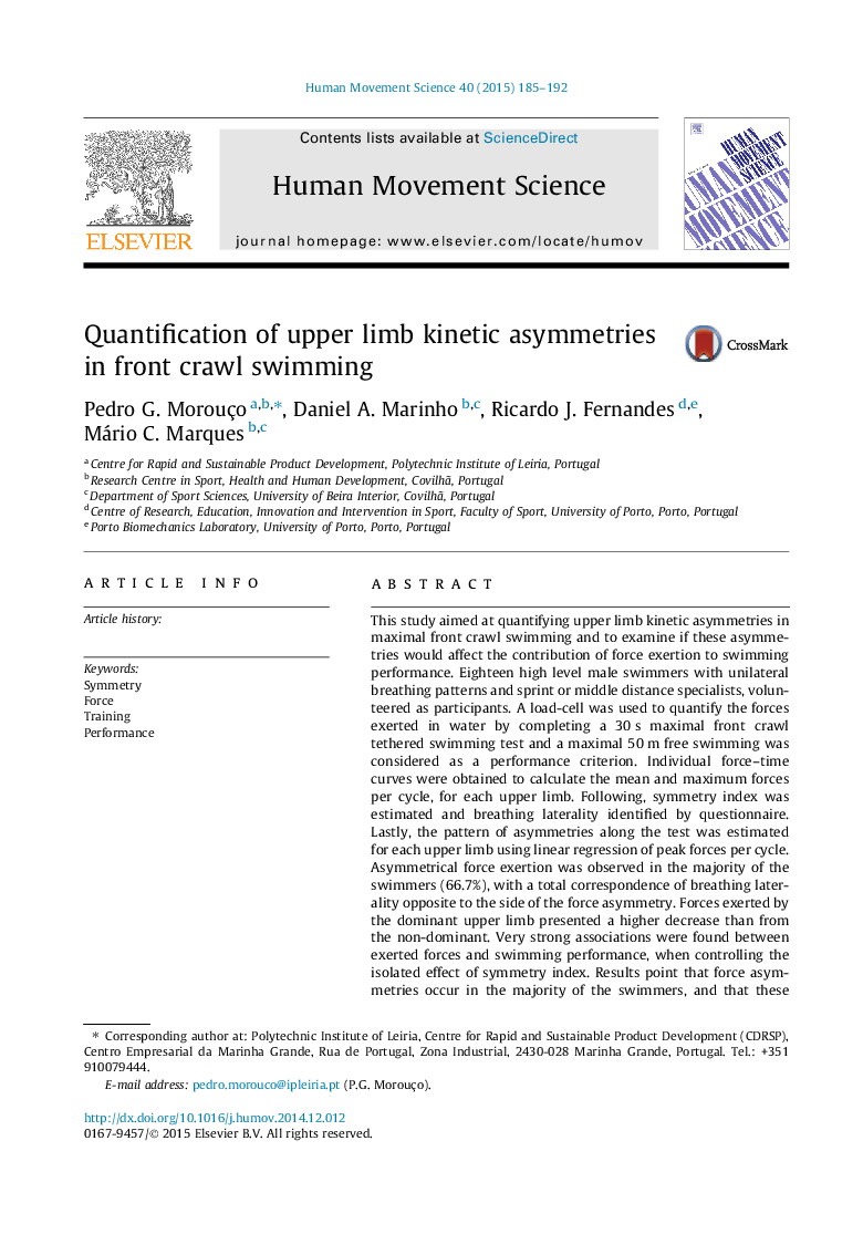 Quantification of upper limb kinetic asymmetries in front crawl swimming