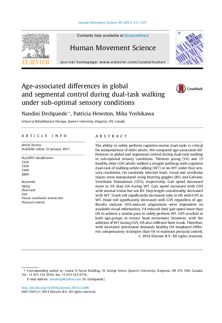 Age-associated differences in global and segmental control during dual-task walking under sub-optimal sensory conditions