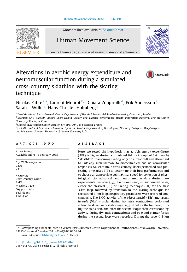 Alterations in aerobic energy expenditure and neuromuscular function during a simulated cross-country skiathlon with the skating technique