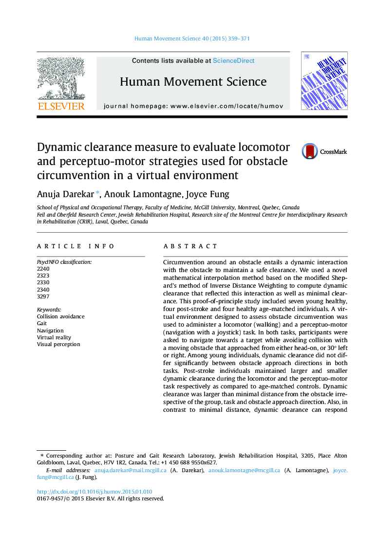 Dynamic clearance measure to evaluate locomotor and perceptuo-motor strategies used for obstacle circumvention in a virtual environment