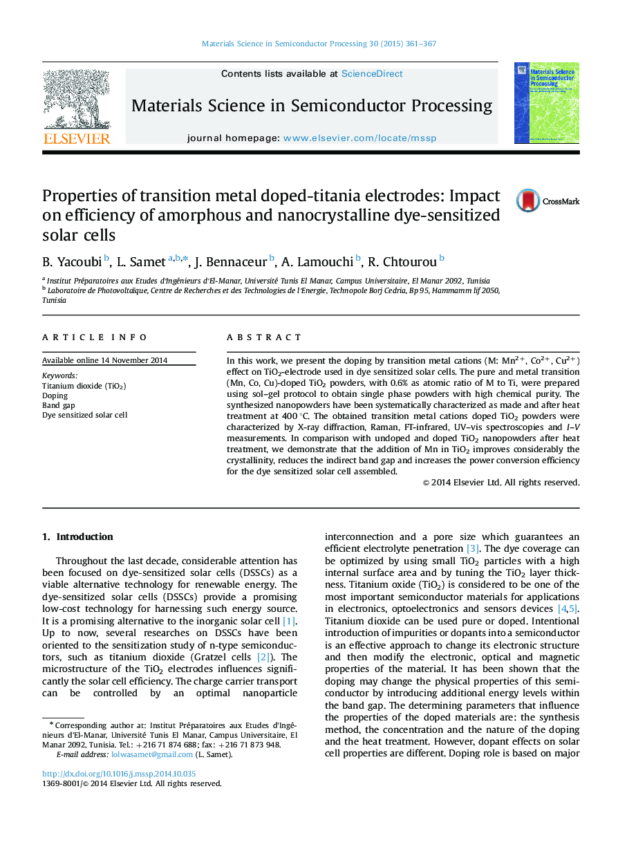 Properties of transition metal doped-titania electrodes: Impact on efficiency of amorphous and nanocrystalline dye-sensitized solar cells