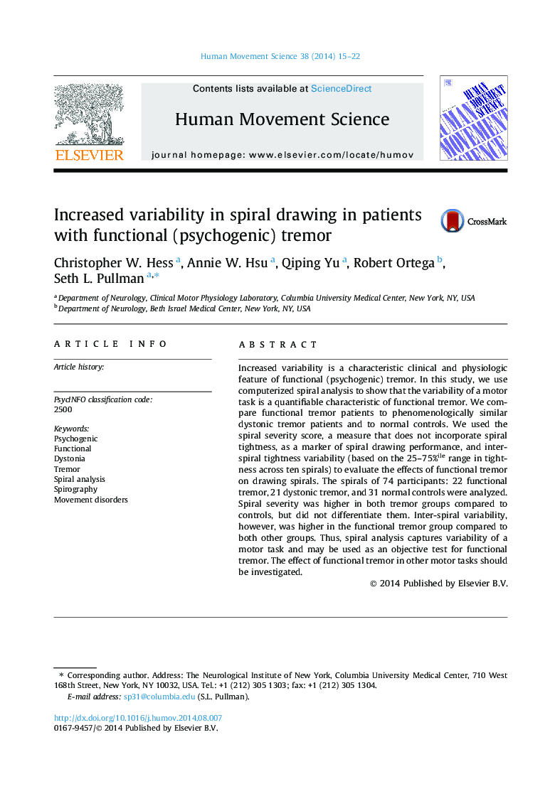 Increased variability in spiral drawing in patients with functional (psychogenic) tremor