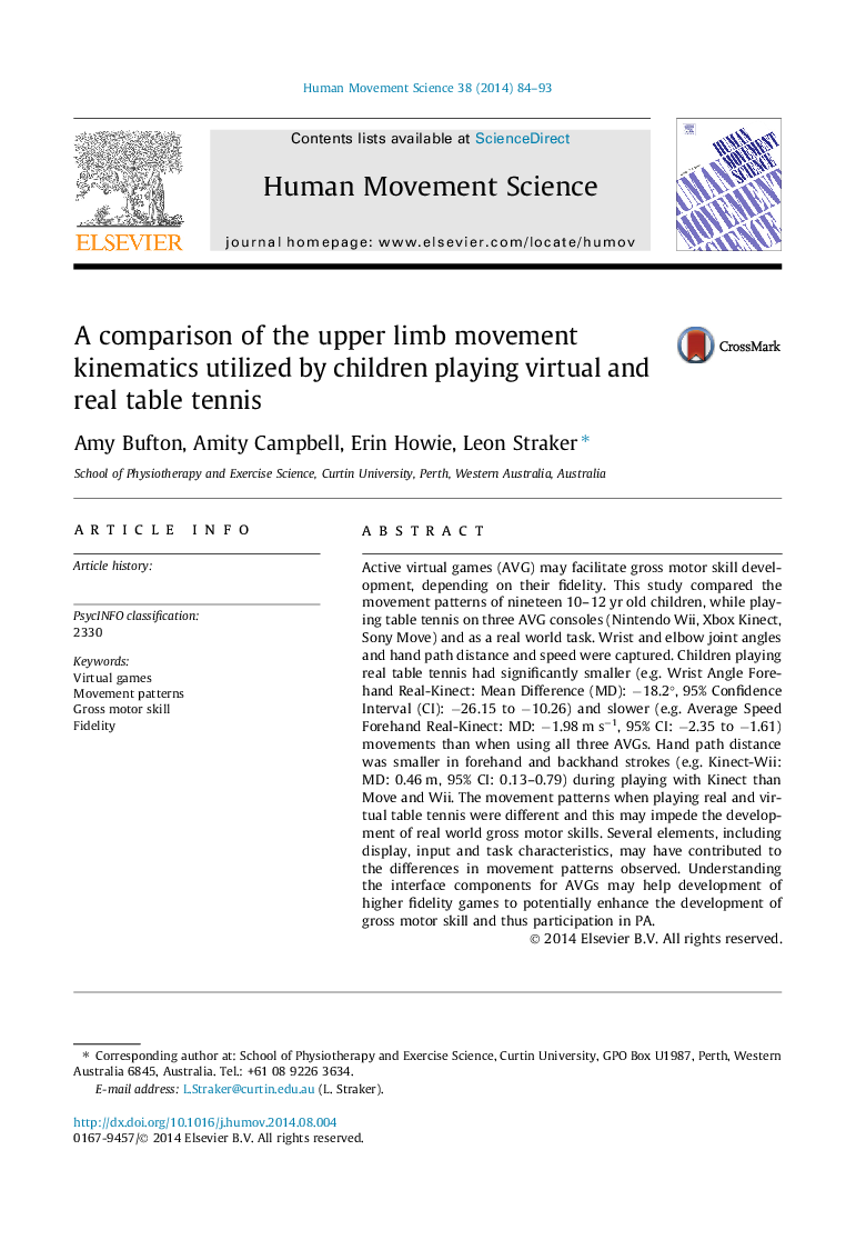 A comparison of the upper limb movement kinematics utilized by children playing virtual and real table tennis