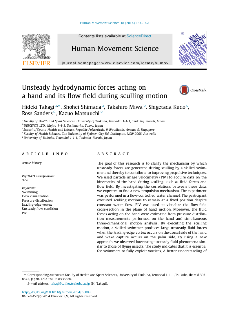 Unsteady hydrodynamic forces acting on a hand and its flow field during sculling motion