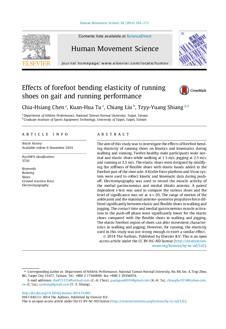 Effects of forefoot bending elasticity of running shoes on gait and running performance