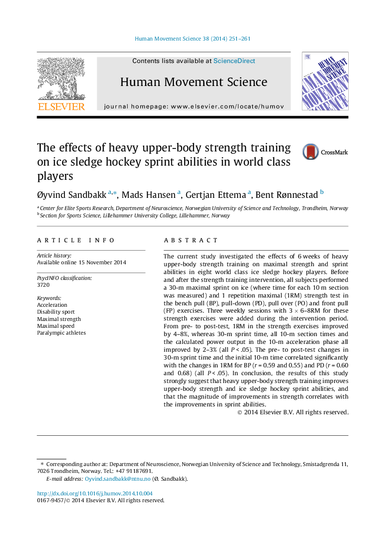 The effects of heavy upper-body strength training on ice sledge hockey sprint abilities in world class players