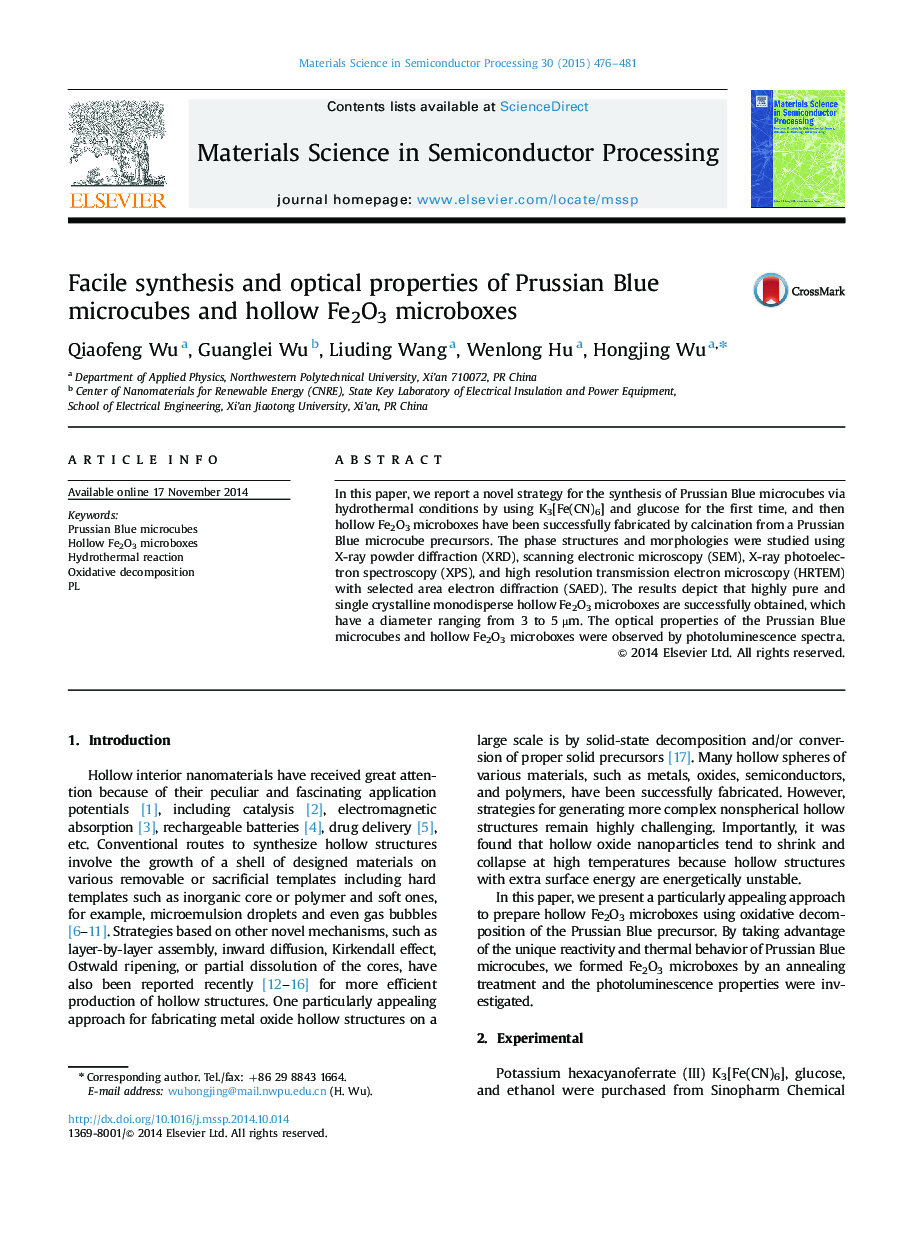 Facile synthesis and optical properties of Prussian Blue microcubes and hollow Fe2O3 microboxes