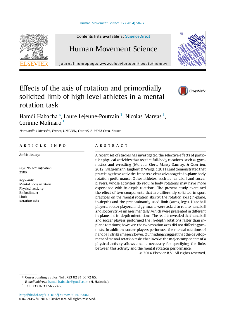 Effects of the axis of rotation and primordially solicited limb of high level athletes in a mental rotation task