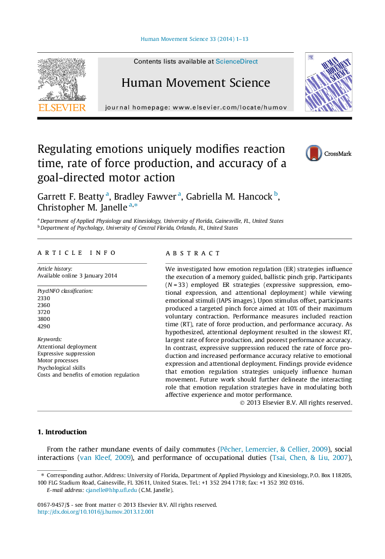 Regulating emotions uniquely modifies reaction time, rate of force production, and accuracy of a goal-directed motor action