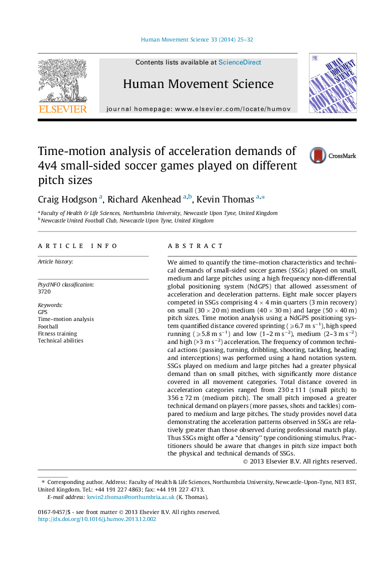 Time-motion analysis of acceleration demands of 4v4 small-sided soccer games played on different pitch sizes