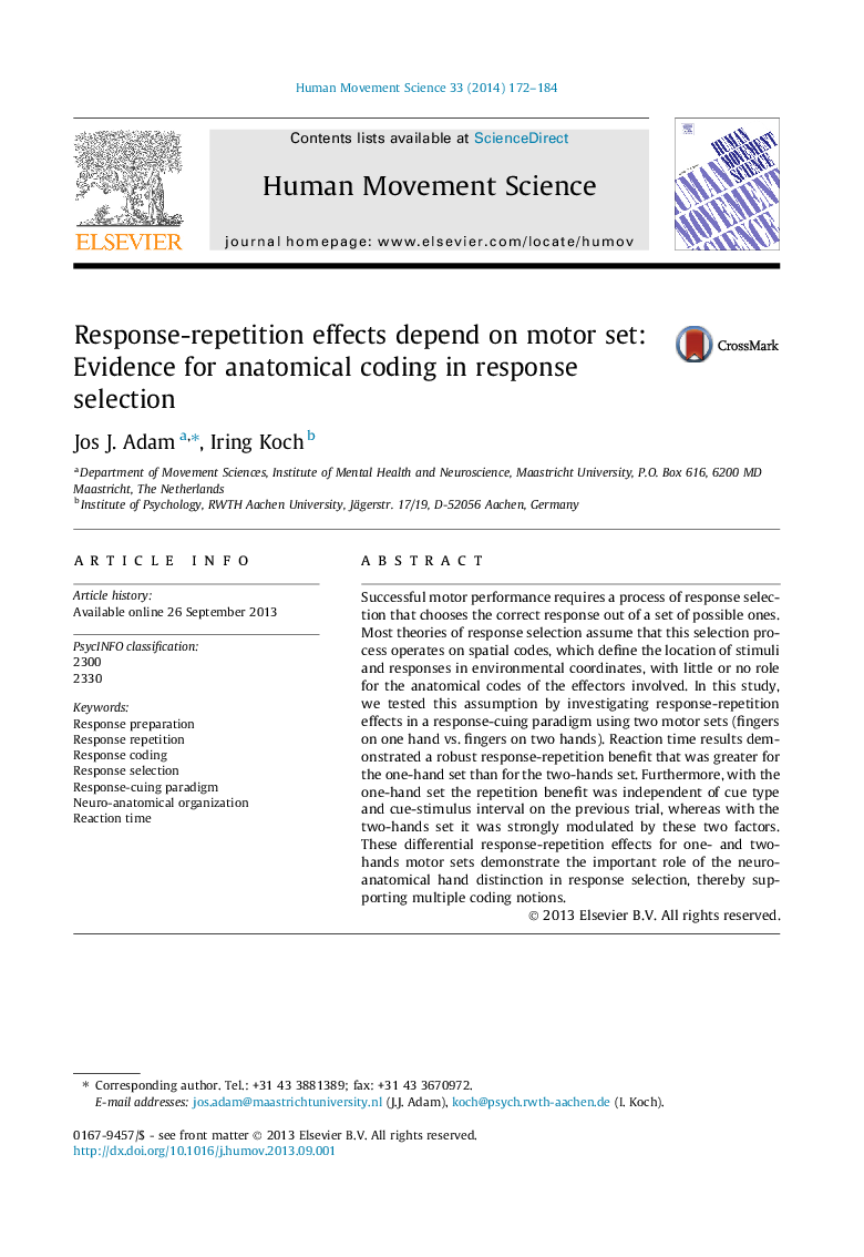 Response-repetition effects depend on motor set: Evidence for anatomical coding in response selection