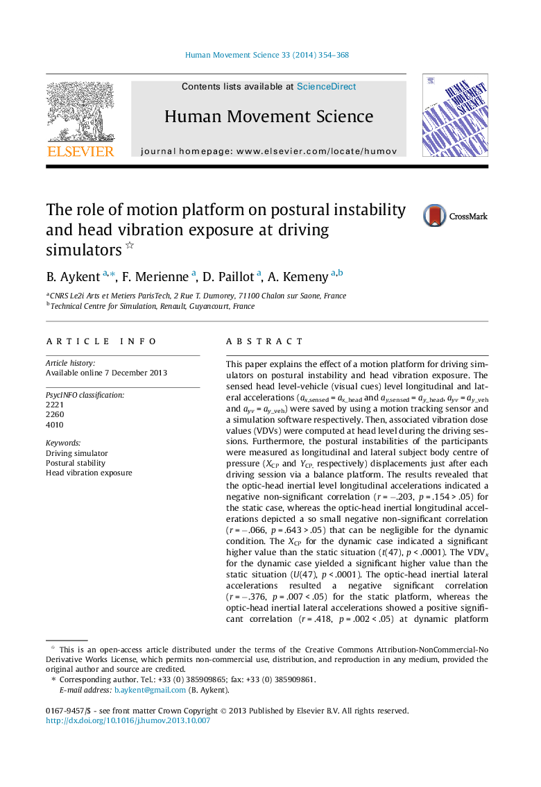 The role of motion platform on postural instability and head vibration exposure at driving simulators