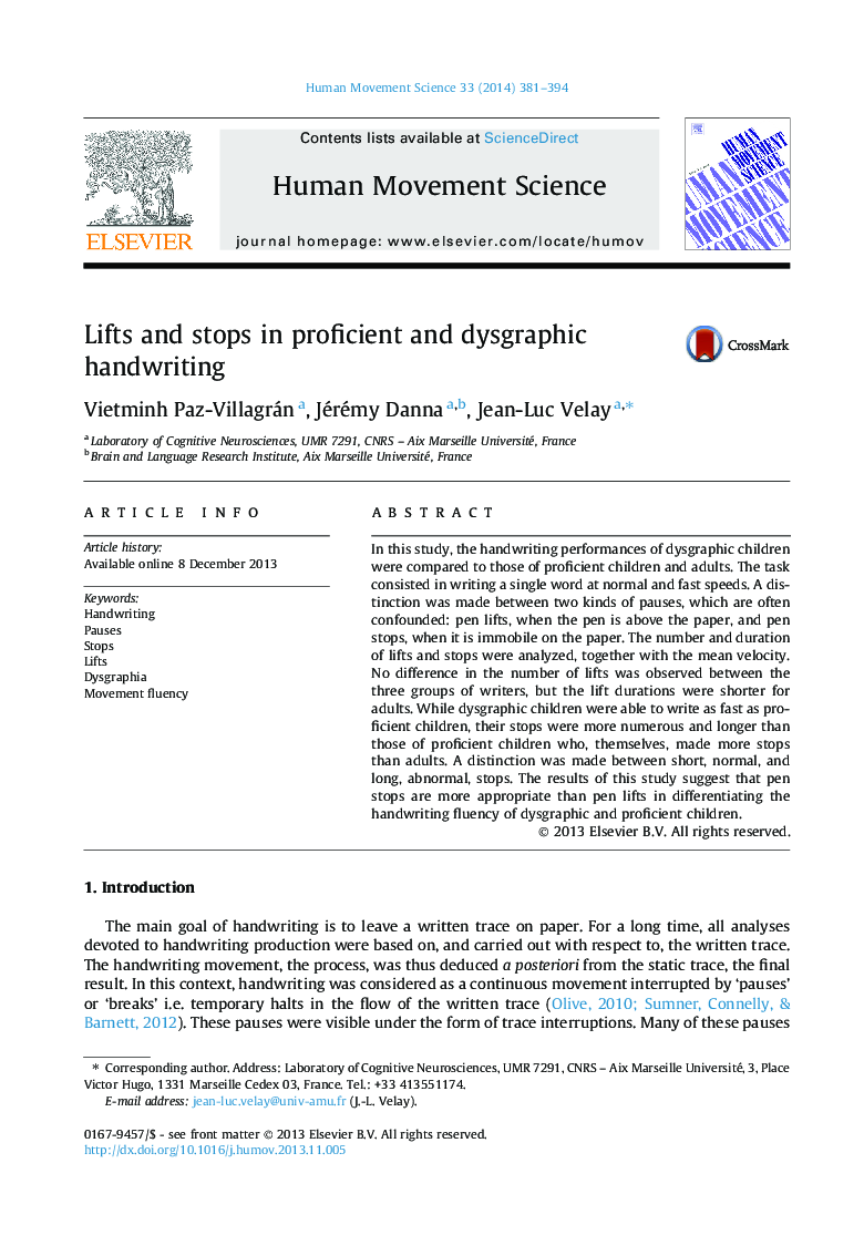 Lifts and stops in proficient and dysgraphic handwriting