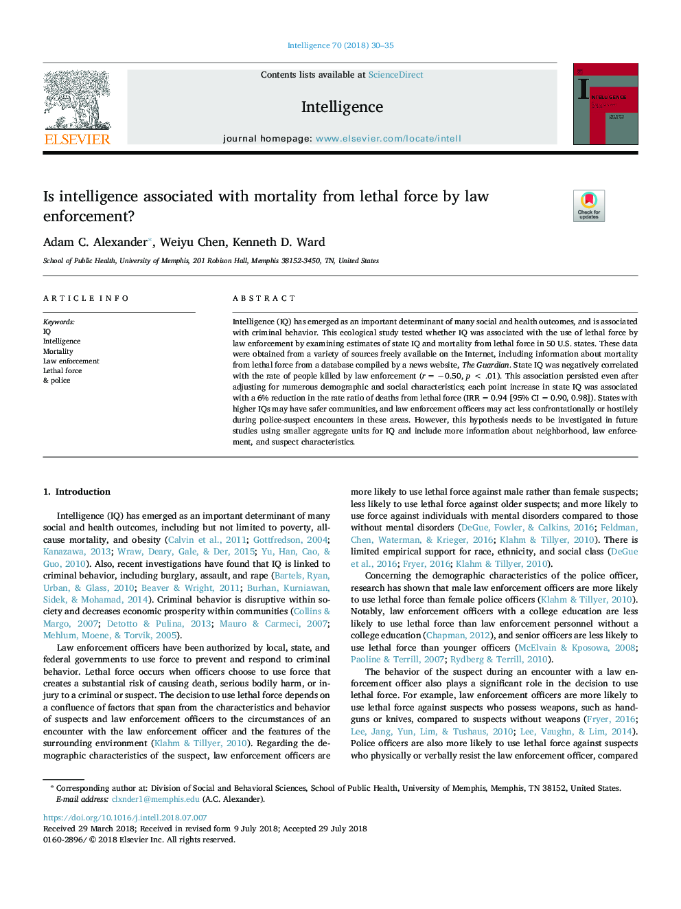 Is intelligence associated with mortality from lethal force by law enforcement?