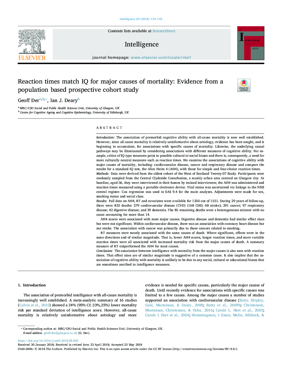Reaction times match IQ for major causes of mortality: Evidence from a population based prospective cohort study