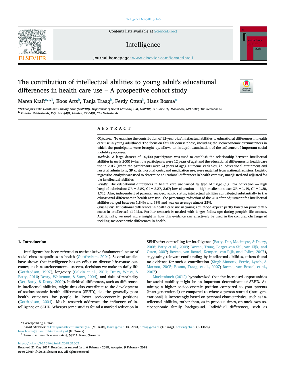 The contribution of intellectual abilities to young adult's educational differences in health care use - A prospective cohort study