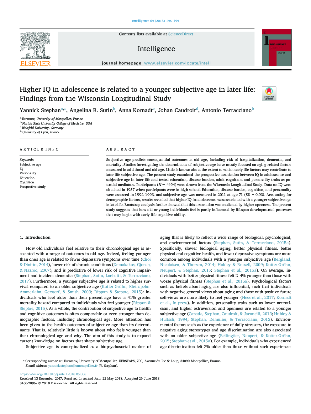 Higher IQ in adolescence is related to a younger subjective age in later life: Findings from the Wisconsin Longitudinal Study