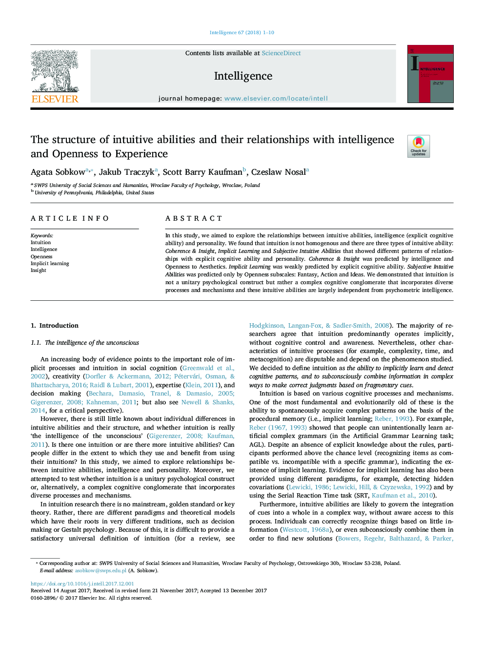 The structure of intuitive abilities and their relationships with intelligence and Openness to Experience